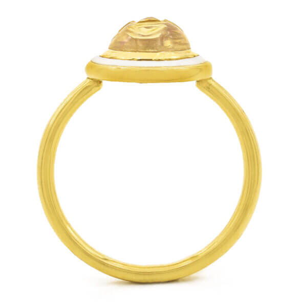 18 Karat Yellow Gold White Enamel Jelly Opal Face Ring With Enamel standing