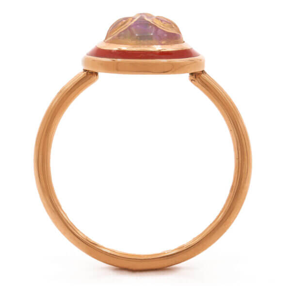 18 Karat Rose Gold Red Enamel Jelly Opal Face Ring standing