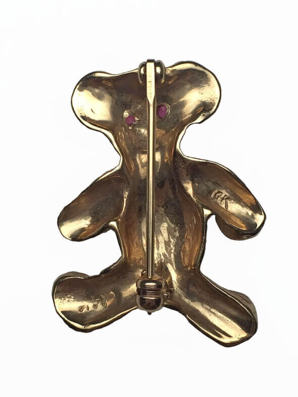 14 Karat Yellow Gold Teddy Bear Brooch with Ruby Eyes