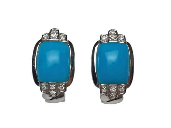 18 Karat White Gold Turquoise and Diamond Earrings front view
