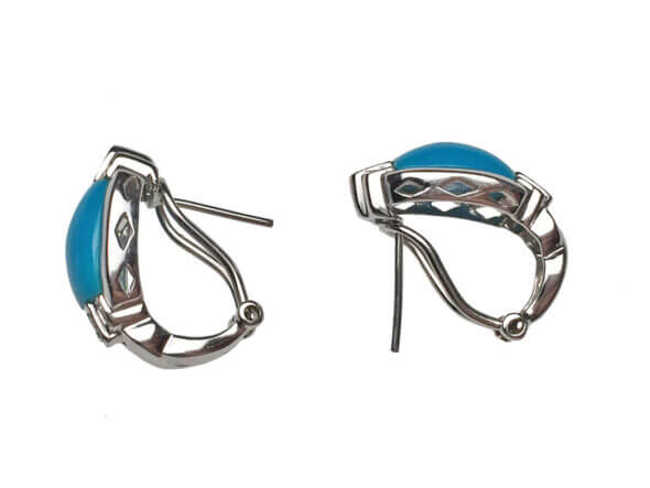 18 Karat White Gold Turquoise and Diamond Earrings side view