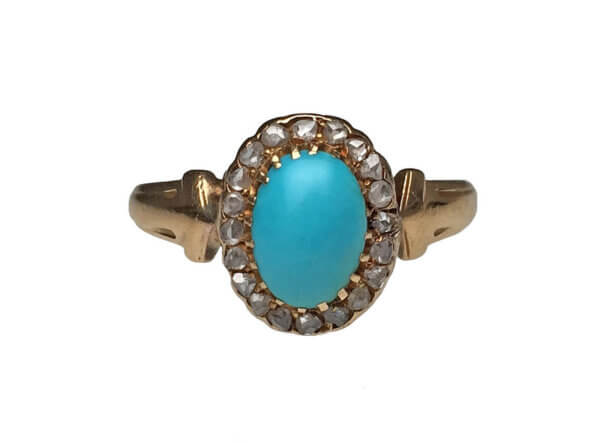14 Karat Yellow Gold Turquoise and Rose Cut Diamond Ring front view