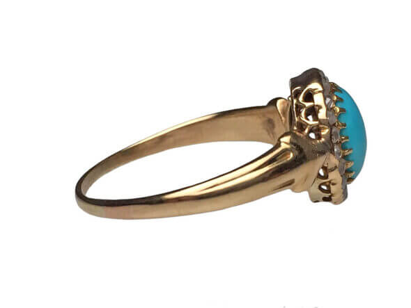 14 Karat Yellow Gold Turquoise and Rose Cut Diamond Ring side view