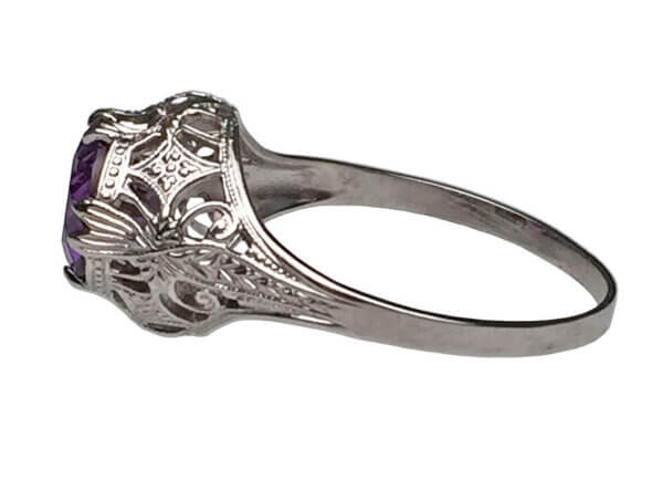 10 Karat White Gold Amethyst Filigree Ring