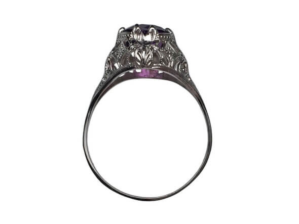 10 Karat White Gold Amethyst Filigree Ring