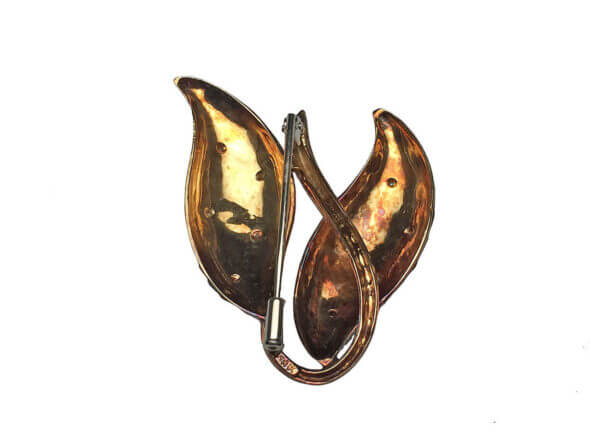 14 Karat Yellow Gold and Diamond Oxidized Leaf Brooch