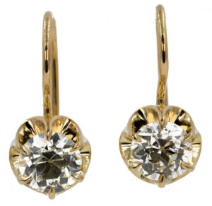 Victorian Style Old European Cut Diamond Buttercup Dangle Earrings in 18 Karat Yellow Gold