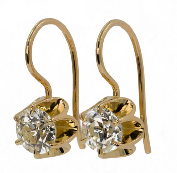 Victorian Style Old European Cut Diamond Buttercup Dangle Earrings in 18 Karat Yellow Gold