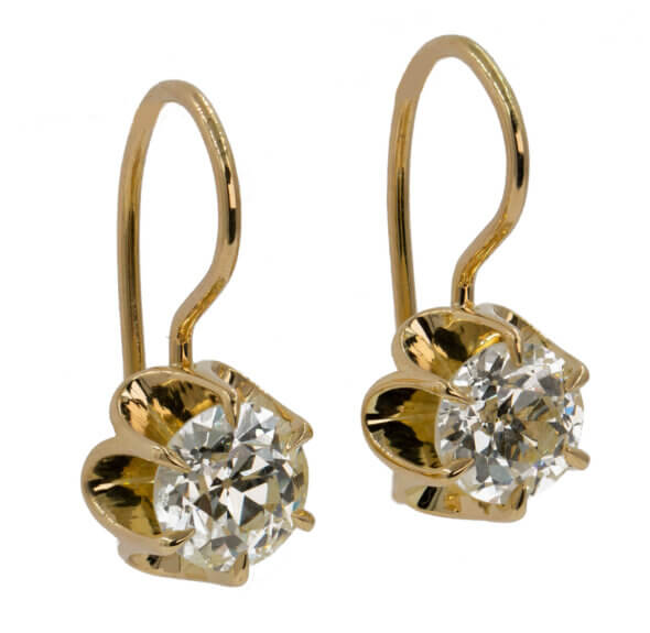 Victorian Style Old European Cut Diamond Buttercup Dangle Earrings in 18 Karat Yellow Gold