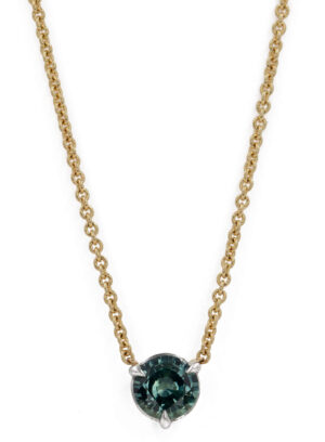 Blue, Green Sapphire Pendant Set In Platinum Suspended From a 14 Karat Yellow Gold Chain