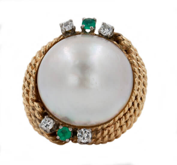 Mabe Pearl Ring with Diamonds and Synthetic Emeralds