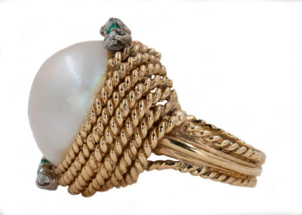 Mabe Pearl Ring with Diamonds and Synthetic Emeralds