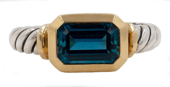 David Yurman Sterling Silver and 18 Karat Yellow Gold Blue Topaz Ring