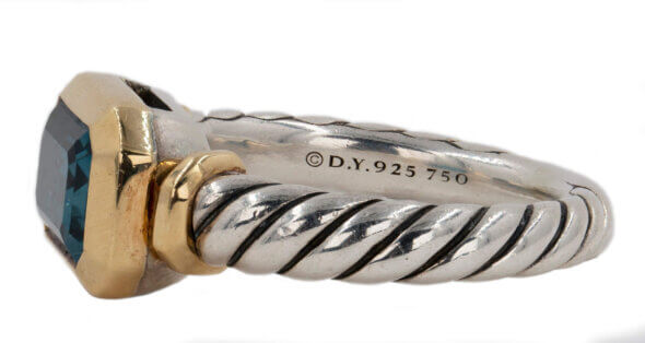 David Yurman Sterling Silver and 18 Karat Yellow Gold Blue Topaz Ring