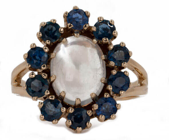 14 Karat Yellow Gold Moonstone and Sapphire Ring