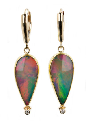 22 Karat & 14 Karat Yellow Gold Opal and Diamond Dangle Earrings