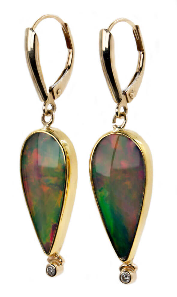 Karat & 14 Karat Yellow Gold Opal and Diamond Dangle Earrings