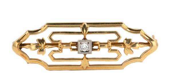 Art Deco 14 Karat Yellow, Diamond Gold Brooch