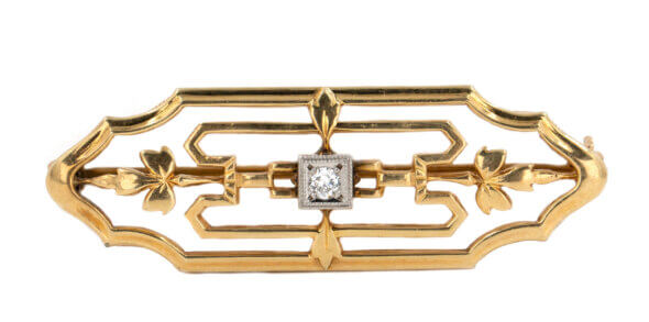 Art Deco 14 Karat Yellow, Diamond Gold Brooch