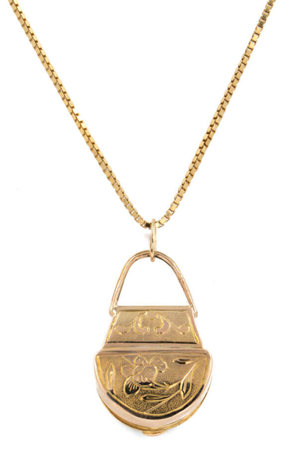 14 Karat Yellow Gold Purse pendant/charm with semi circle turquoise