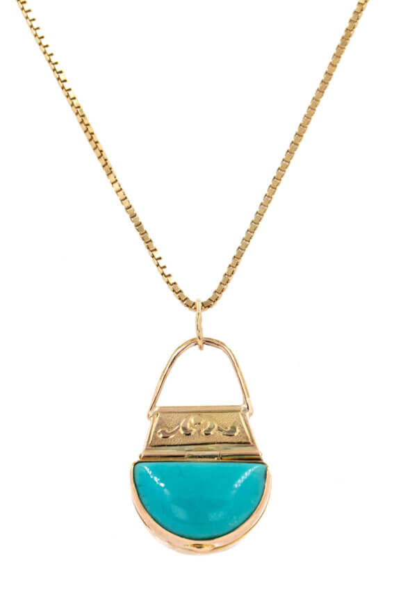 14 Karat Yellow Gold Purse pendant/charm with semi circle turquoise