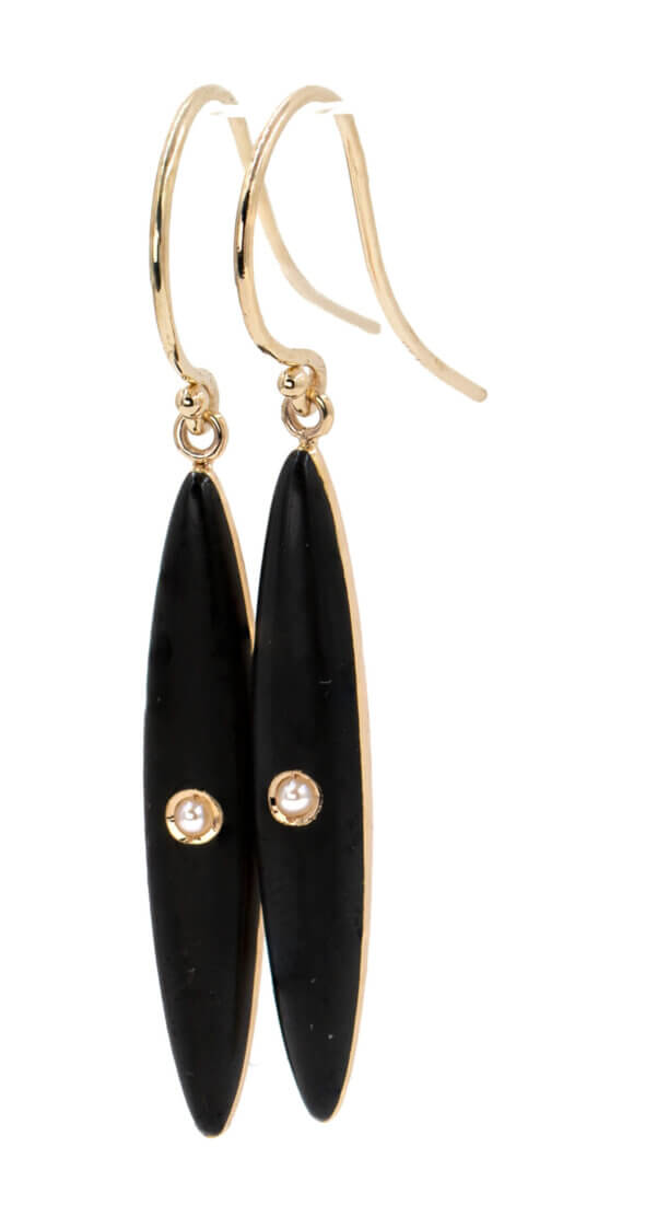 Black Onyx and Pearl Lingerie Earrings in 14 Karat Yellow Gold