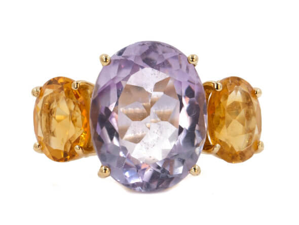 5 Carat Oval Amethyst with 2.40 Carat Citrine 3 Stone Ring