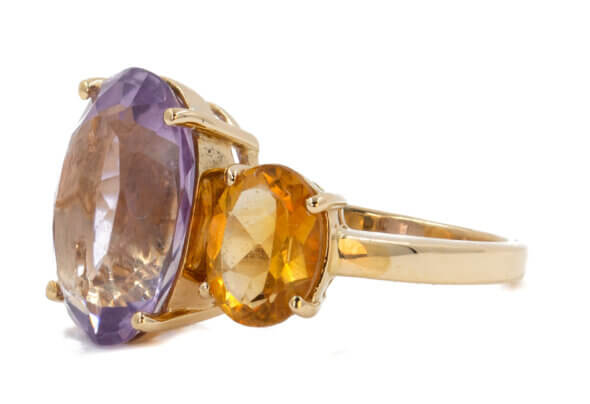 5 Carat Oval Amethyst with 2.40 Carat Citrine 3 Stone Ring