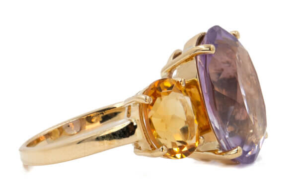 5 Carat Oval Amethyst with 2.40 Carat Citrine 3 Stone Ring