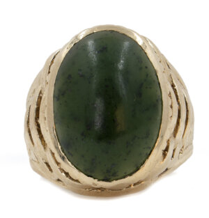 14k y/g Nephrite Cabochon Ring, Bezel Set in a Woven Basket Style Mounting