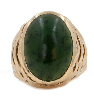 14k y/g Nephrite Cabochon Ring, Bezel Set in a Woven Basket Style