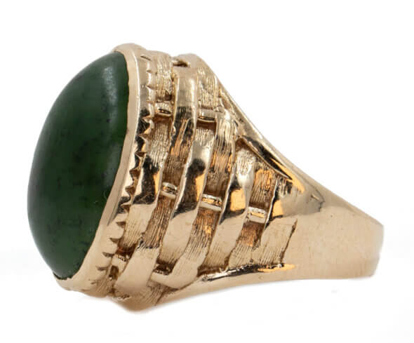 14k y/g Nephrite Cabochon Ring, Bezel Set in a Woven Basket Style