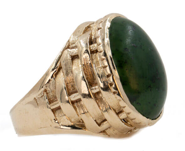 14k y/g Nephrite Cabochon Ring, Bezel Set in a Woven Basket Style
