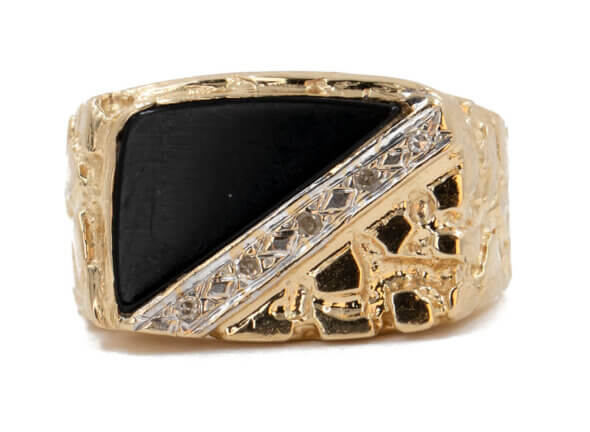 14 Karat Yellow Gold Onyx & Diamond Mens Ring