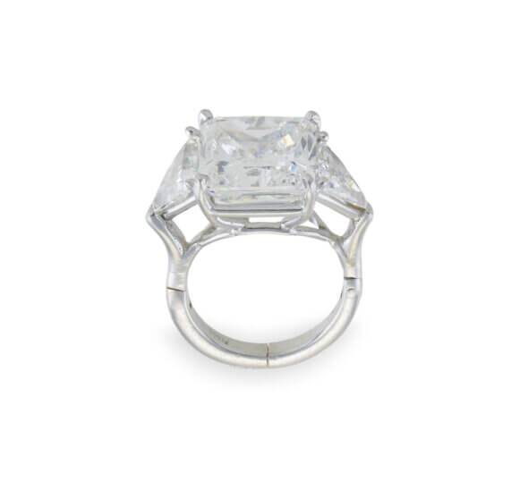 Platinum and 14k white gold 7.30 carat princess cut Diamond Ring with triangular side diamonds