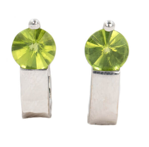 14 Karat White Gold Round 7 Millimeter Fantasy Cut Peridot Earrings