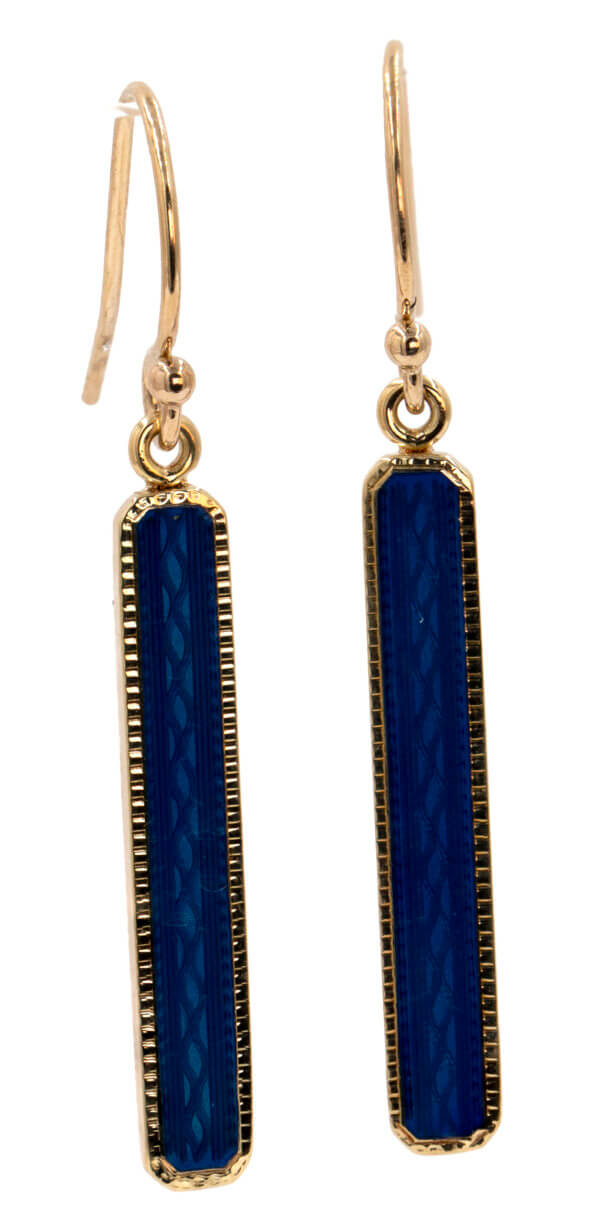 14 Karat Yellow Gold Blue Guilloché Enamel Lingerie Pin Conversion Dangle Earrings