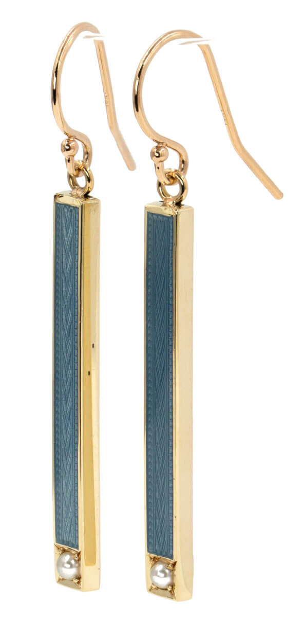 14 Karat Yellow Gold Blue Enamel Dangle Earrings with Pearls