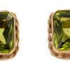 14 Karat Yellow Gold Bezel Set Radiant Cut Peridot Studs. 10.50 carats total