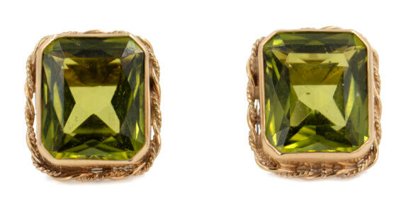 14 Karat Yellow Gold Bezel Set Radiant Cut Peridot Studs. 10.50 carats total