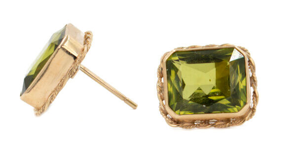 14 Karat Yellow Gold Bezel Set Radiant Cut Peridot Studs. 10.50 carats total