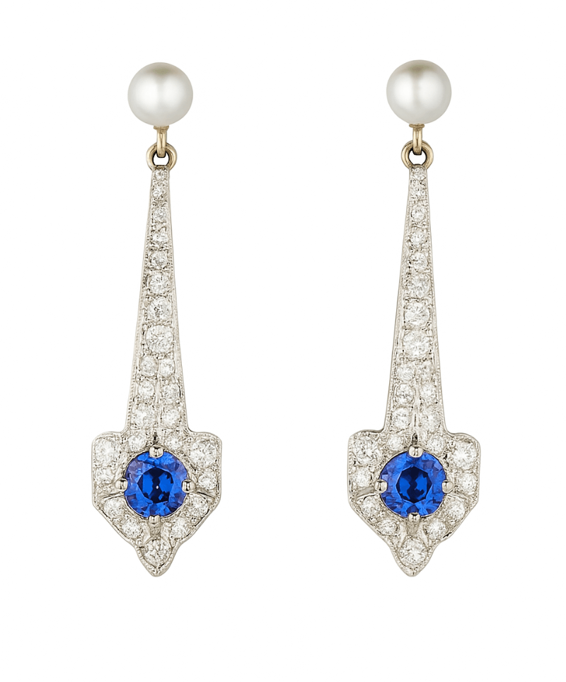 14 Karat White Gold Sapphire, Diamond & Pearl Dangle Earrings