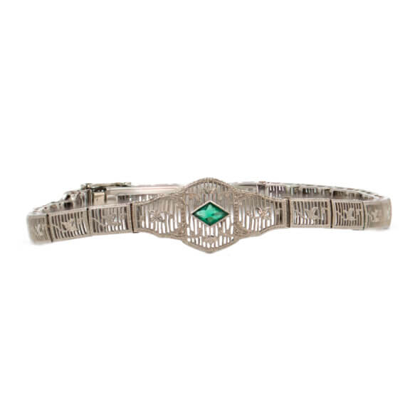 Antique 10 Karat White White Gold Filigree Bracelet with Synthetic Emerald