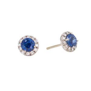 Vivid Blue Sapphire & Diamond Stud Earrings with a Halo of Diamonds Around set in 18 Karat White Gold