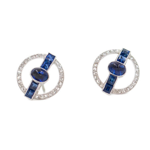 770-21480-Front Art Deco Sapphire & Rose Cut Diamond Halo Earrings