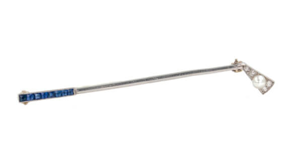 J.E. Caldwell Platinum Golf Club Brooch with Diamonds, Sapphires & Pearl