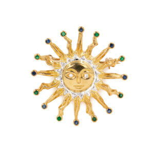 Diamond, Emerald & Sapphire 14 Karat Yellow Gold Sun Brooch