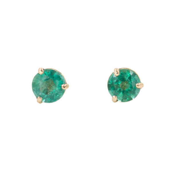 Round Emerald Stud Earring set in 14 Karat Yellow Gold