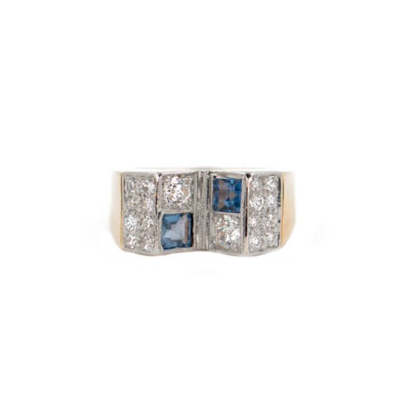 Retro Platinum Topped 14 Karat yellow gold Sapphire & Diamond Ring