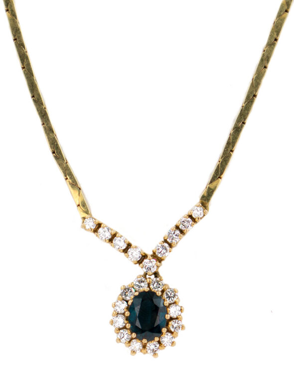 Oval Blue Sapphire & Diamond Halo Yellow Gold Estate Necklace